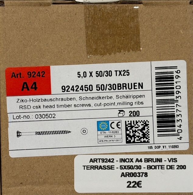 Vis à deck/terrasse - 5x50/30 - Tx25 - INOX A4 BRUNI - boite de 200