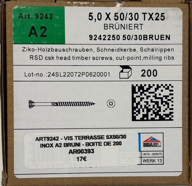Vis à deck/terrasse - 5X50/30 - Tx25 - INOX A2 BRUNI - boite de 200