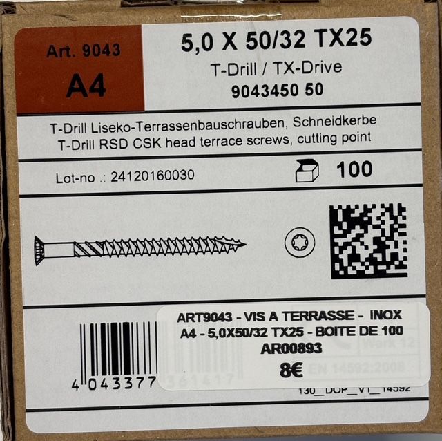 Vis à deck/terrasse - 5x50/32 - Tx25 - INOX A4 - boite de 100