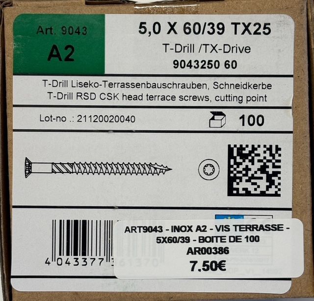 Vis à deck/terrasse - 5x60/39 - Tx25 - INOX A2 - boite de 100