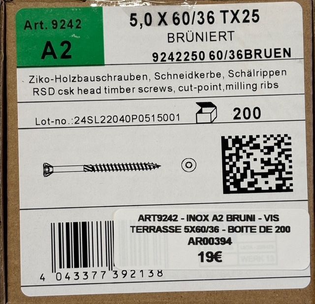 Vis à deck/terrasse - 5x60/36 - Tx25 - INOX A2 BRUNI - boite de 200