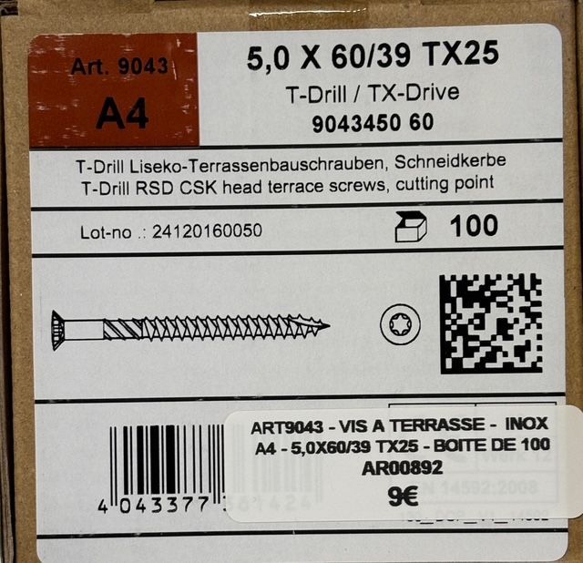 Vis à deck/terrasse - 5x60/39 - Tx25 - INOX A4 - boite de 100