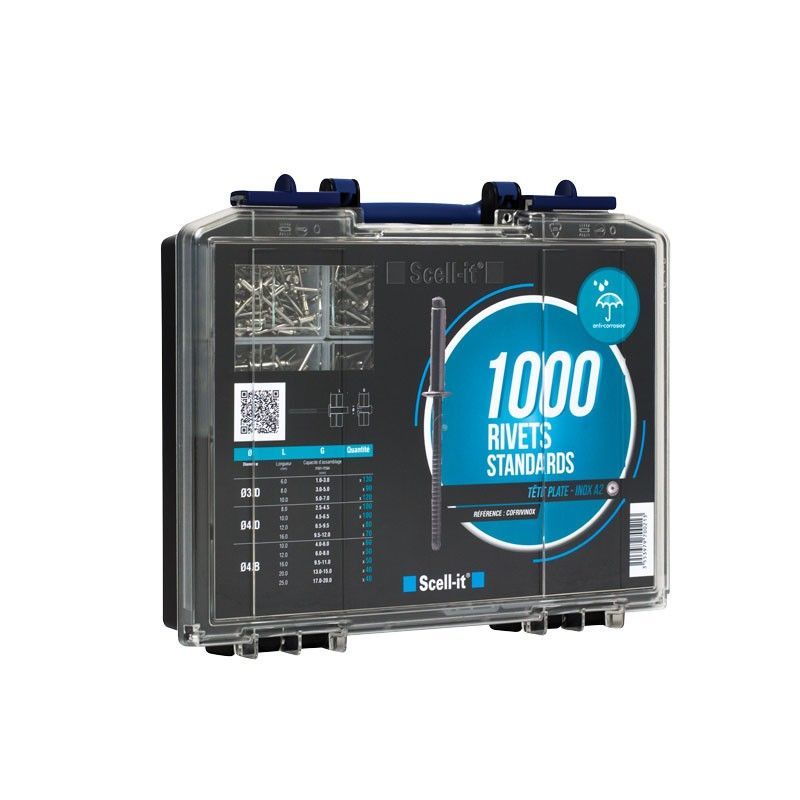 COFFRET 1000 RIVETS INOX  TÊTE PLATE -  DIAM. 3 à 5