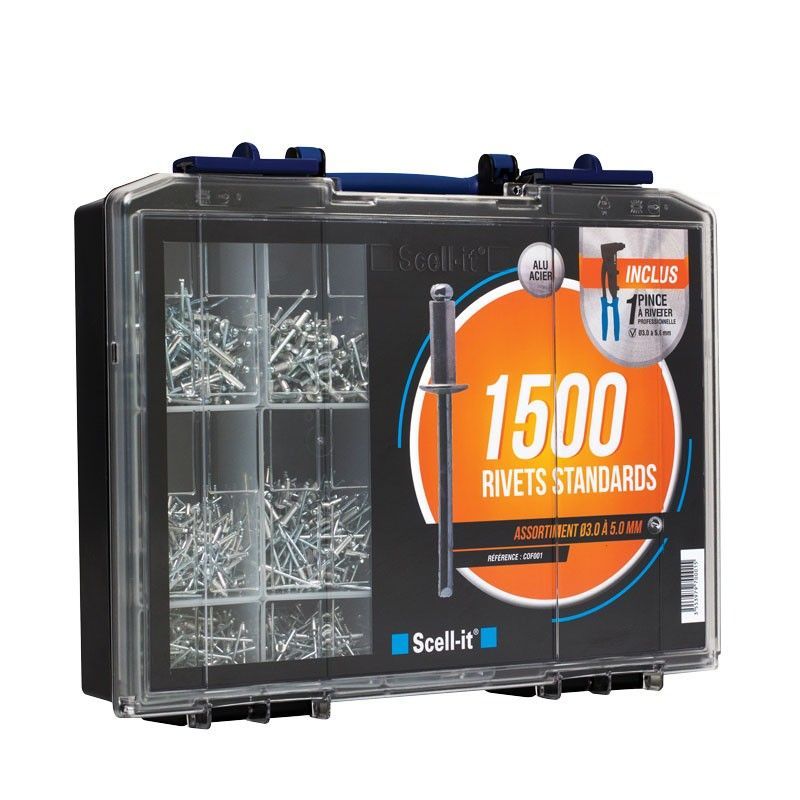 COFFRET 1500 RIVETS ALU/ACIER 3,2 à 4,8 + PINCE