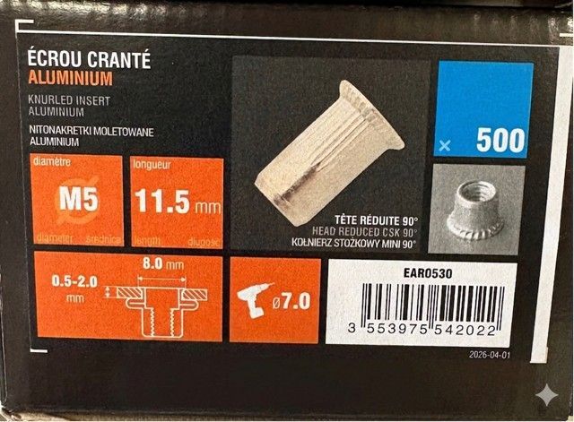 ÉCROU à SERTIR - M5 - TÊTE RÉDUITE - ALU - BOÎTE DE 500