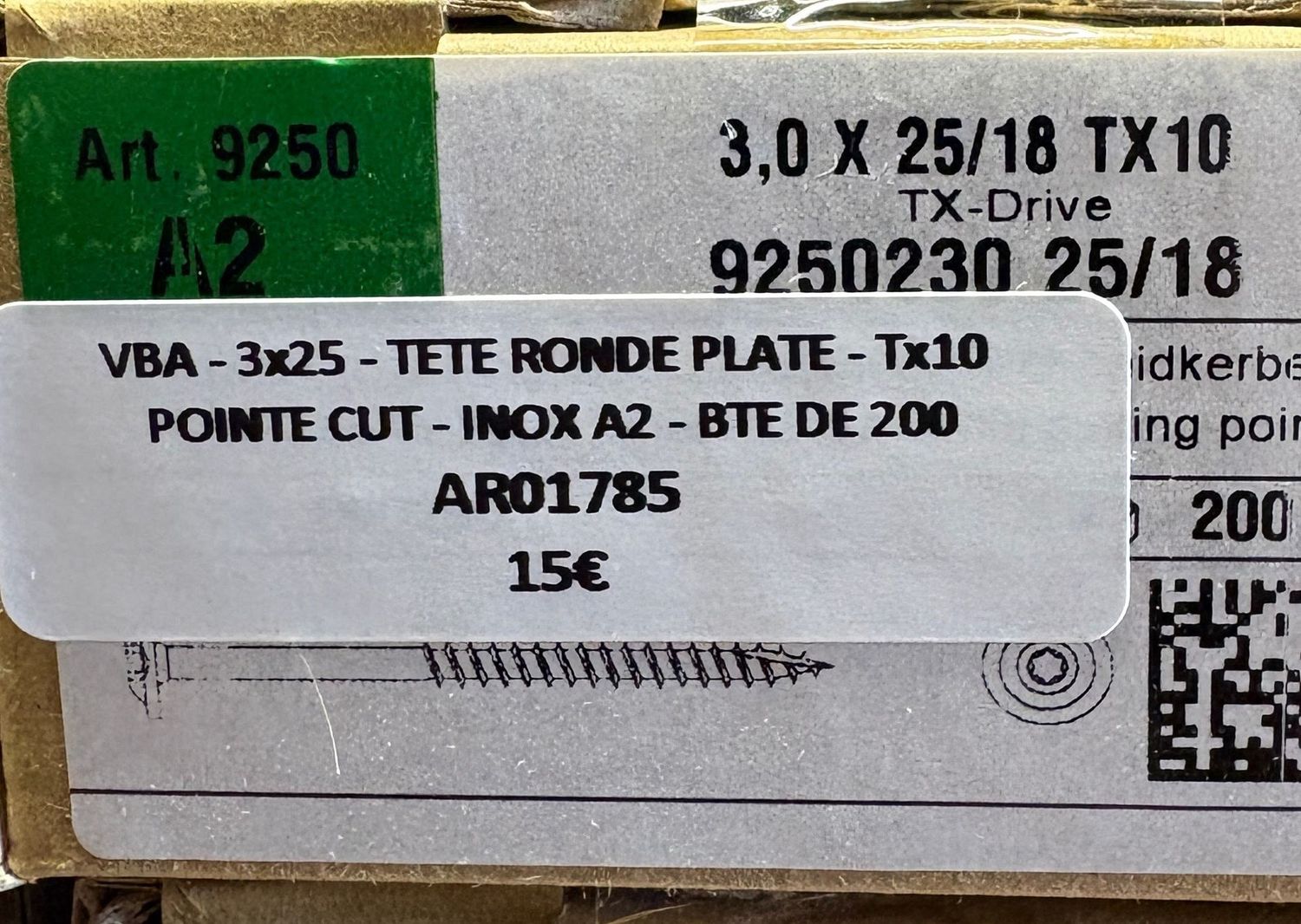 VIS A BOIS - 3x25 - Tx10 - TÊTE RONDE PLATE - POINTE CUT - INOX A2 - BOITE DE 200