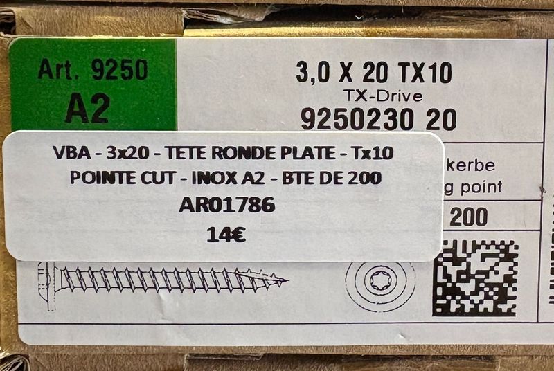 VIS A BOIS - 3x20 - Tx10 - TÊTE RONDE PLATE - POINTE CUT - INOX A2 - BOITE DE 200 VIS A BOIS - 3x20 - Tx10 - TÊTE RONDE PLATE - POINTE CUT - INOX A2 - BOITE DE 200