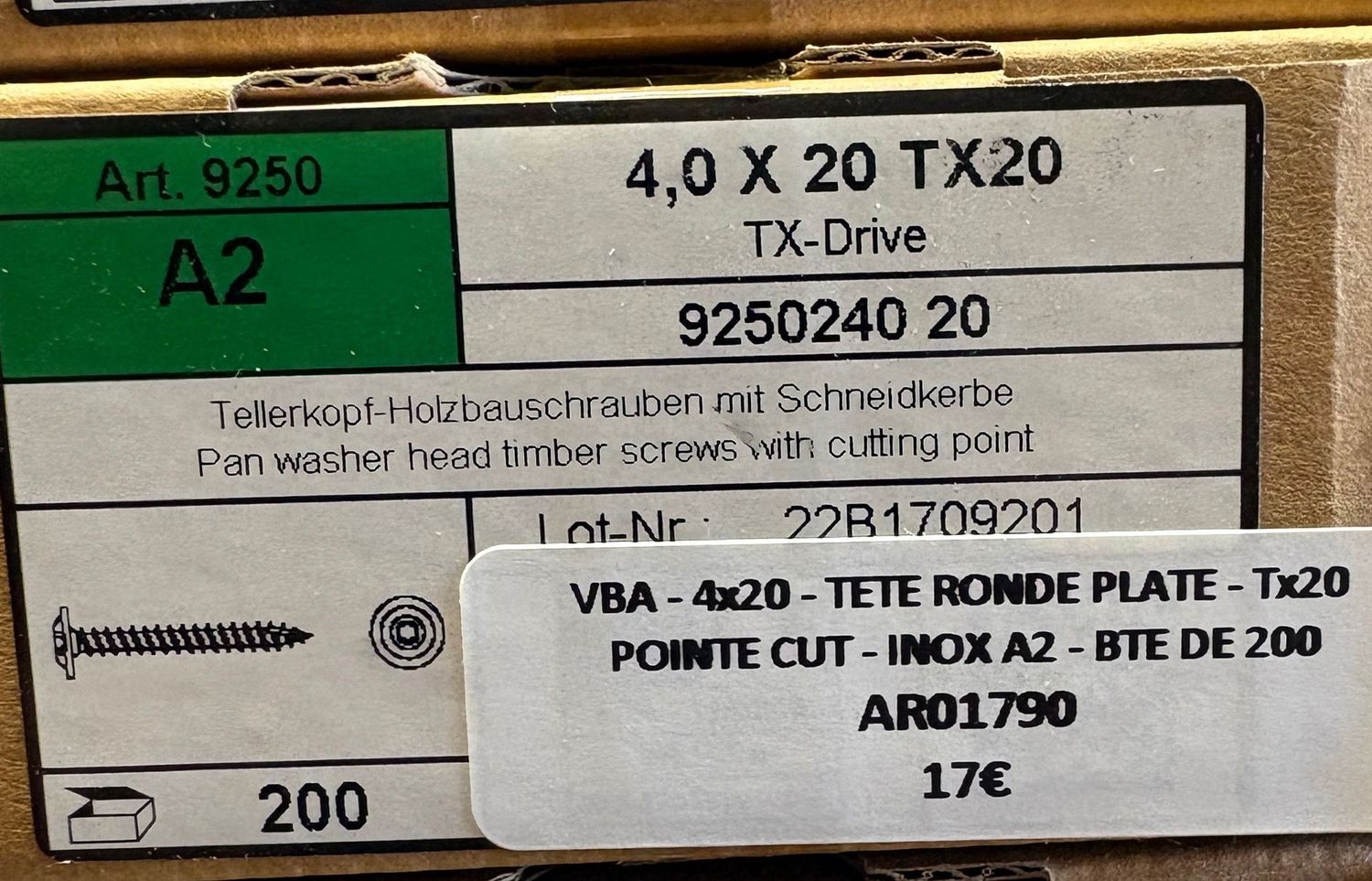 VIS A BOIS - 4x20 - Tx20 - TÊTE RONDE PLATE - POINTE CUT - INOX A2 - BOITE DE 200