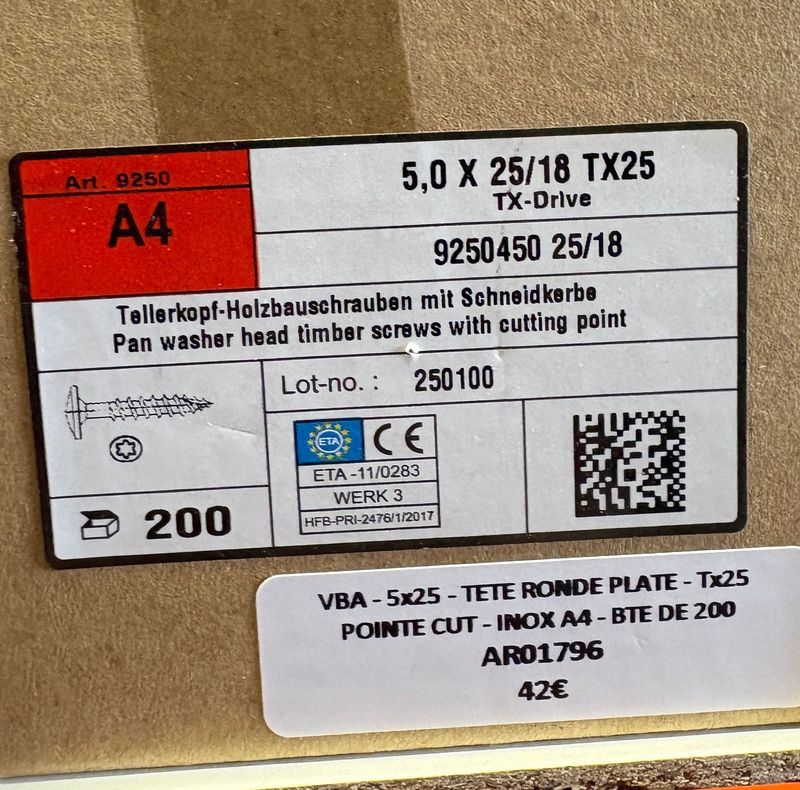 VIS A BOIS - 5x25 - Tx25 - TÊTE RONDE PLATE - POINTE CUT - INOX A4 - BOITE DE 200 VIS A BOIS - 5x25 - Tx25 - TÊTE RONDE PLATE - POINTE CUT - INOX A4 - BOITE DE 200