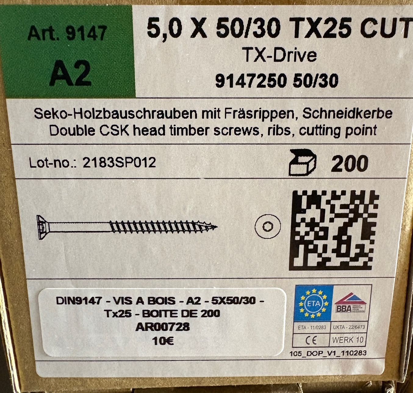 VIS A BOIS -  5X50X30 - Tx25 -  TÊTE FRAISÉE -  POINTE CUT - INOX A2 - BOITE DE 200