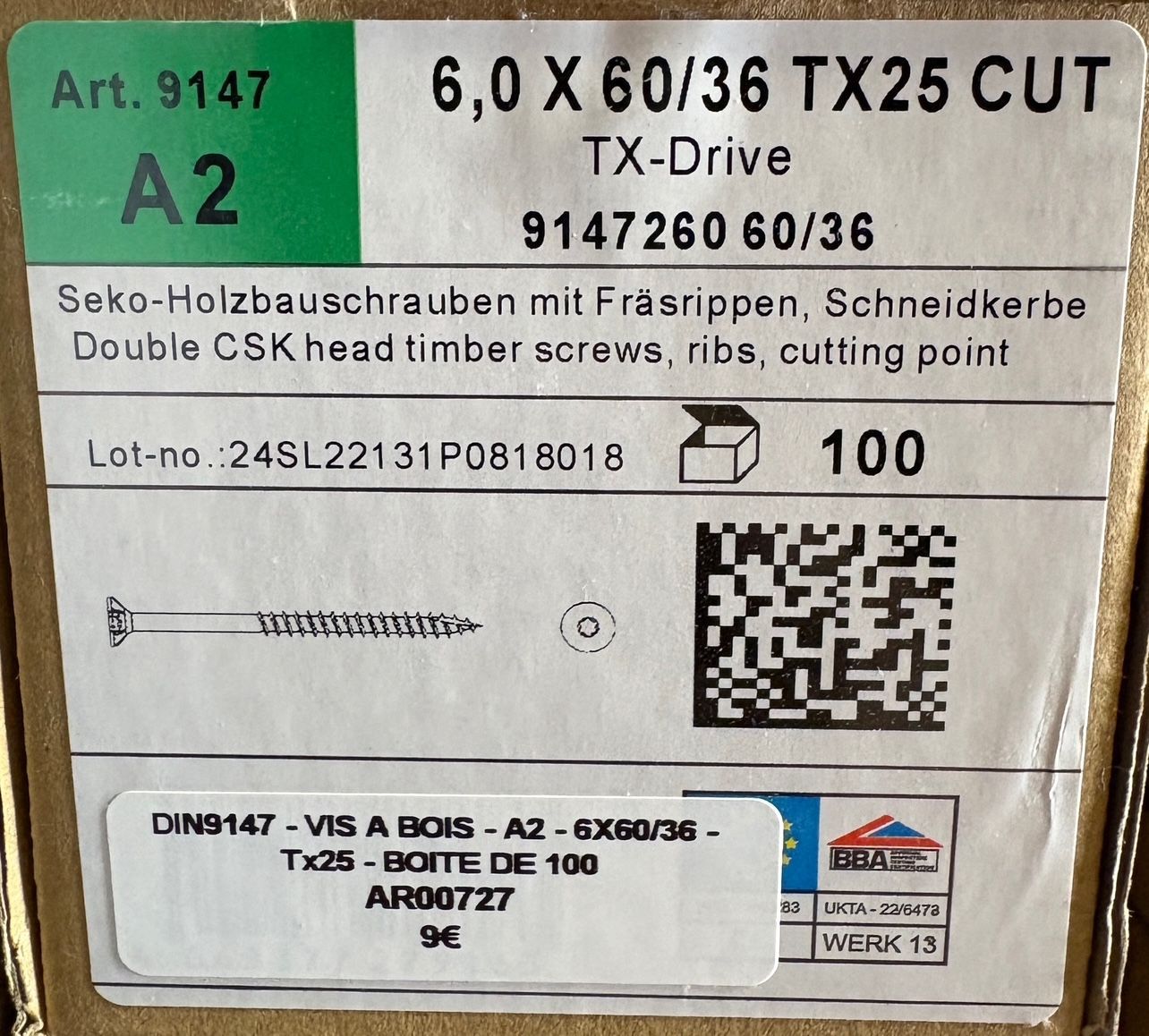 VIS A BOIS -  6X60X36 - Tx25 -  TÊTE FRAISÉE -  POINTE CUT - INOX A2 - BOITE DE 100