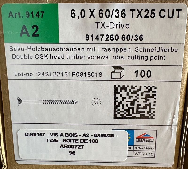 VIS A BOIS - 6X60X36 - Tx25 - TÊTE FRAISÉE - POINTE CUT - INOX A2 - BOITE DE 100 VIS A BOIS - 6X60X36 - Tx25 - TÊTE FRAISÉE - POINTE CUT - INOX A2 - BOITE DE 100
