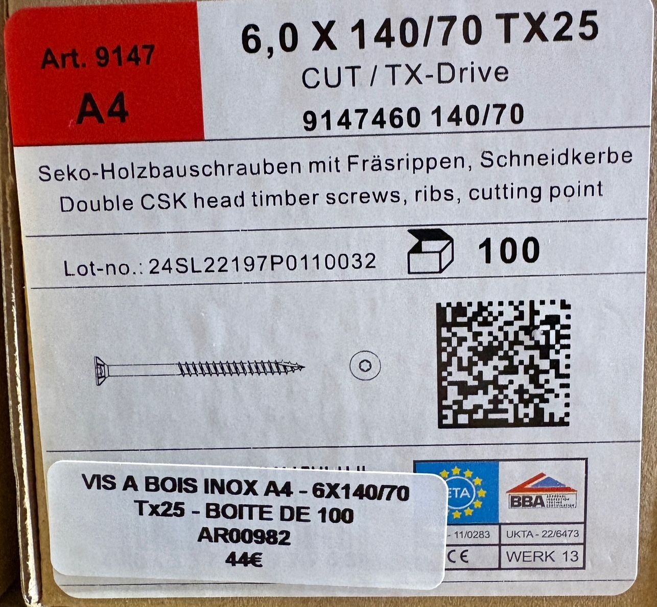 VIS A BOIS -  6X140X70 - Tx25 -  TÊTE FRAISÉE -  POINTE CUT - INOX A4 - BOITE DE 100
