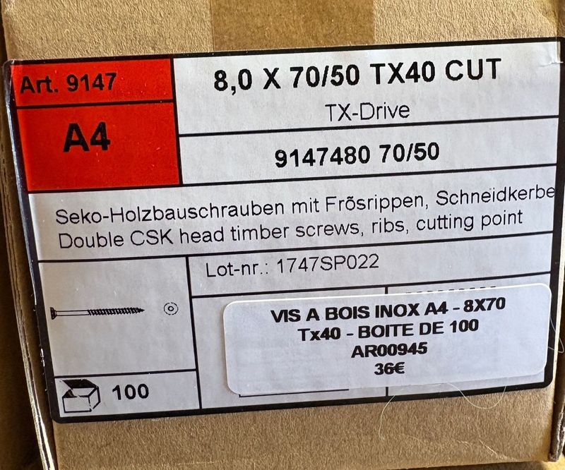 VIS A BOIS - 8X70 - Tx40 - TÊTE FRAISÉE - POINTE CUT - INOX A4 - BOITE DE 100 VIS A BOIS - 8X70 - Tx40 - TÊTE FRAISÉE - POINTE CUT - INOX A4 - BOITE DE 100