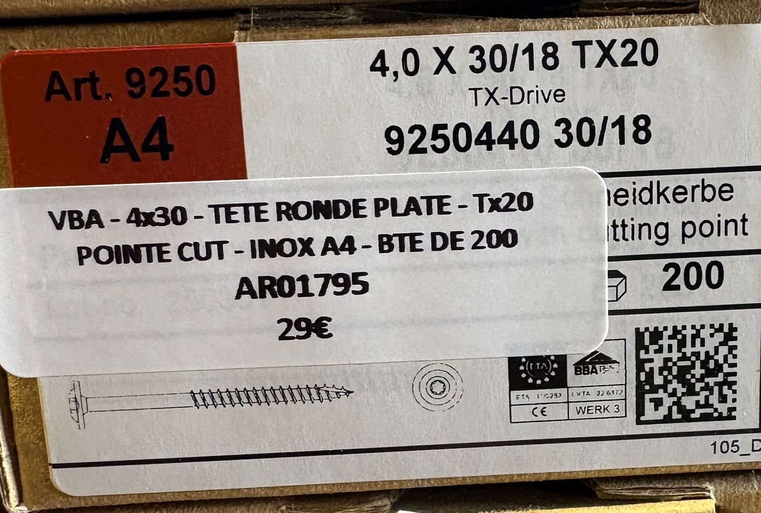 VIS A BOIS - 4x30 - Tx20 - TÊTE RONDE PLATE - POINTE CUT - INOX A4 - BOITE DE 200
