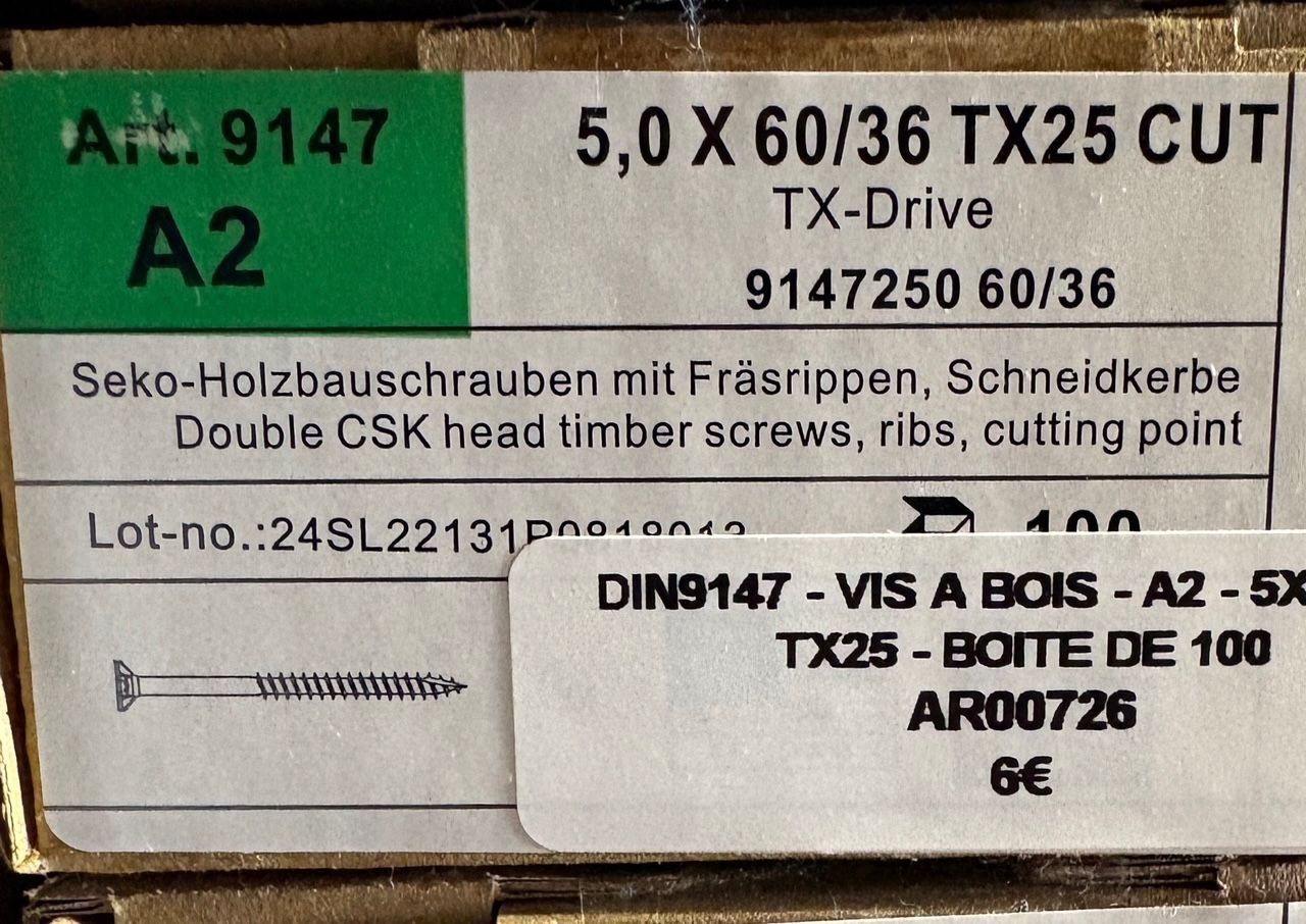 VIS A BOIS -  5X60X36 - Tx25 -  TÊTE FRAISÉE -  POINTE CUT - INOX A2 - BOITE DE 100