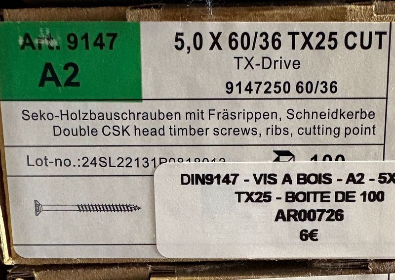 VIS A BOIS - 5X60X36 - Tx25 - TÊTE FRAISÉE - POINTE CUT - INOX A2 - BOITE DE 100 VIS A BOIS - 5X60X36 - Tx25 - TÊTE FRAISÉE - POINTE CUT - INOX A2 - BOITE DE 100