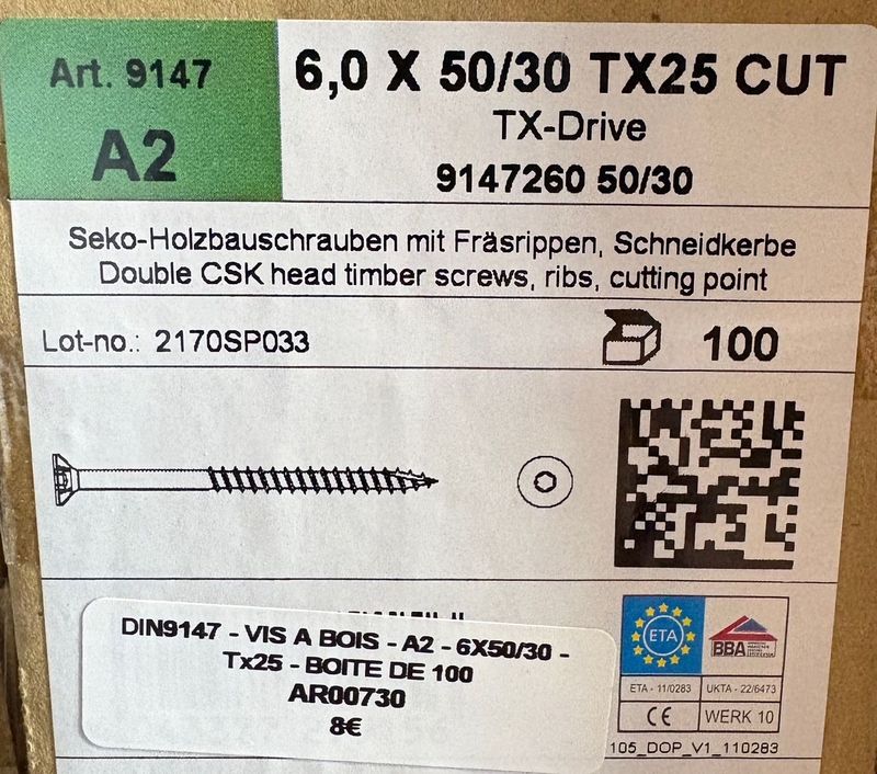 VIS A BOIS - 6X50X30 - Tx25 - TÊTE FRAISÉE - POINTE CUT - INOX A2 - BOITE DE 100 VIS A BOIS - 6X50X30 - Tx25 - TÊTE FRAISÉE - POINTE CUT - INOX A2 - BOITE DE 100