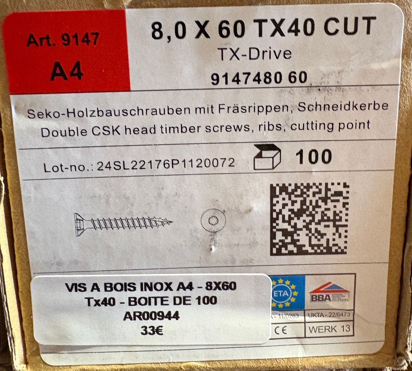 VIS A BOIS -  8X60 - Tx40 -  TÊTE FRAISÉE -  POINTE CUT - INOX A4 - BOITE DE 100