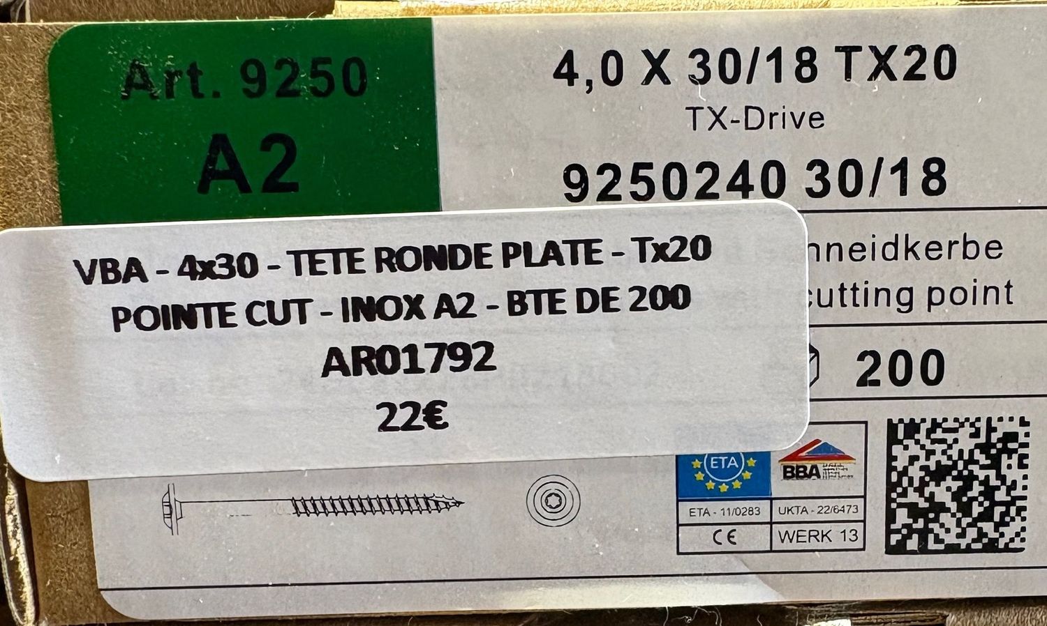 VIS A BOIS - 4x30 - Tx20 - TÊTE RONDE PLATE - POINTE CUT - INOX A2 - BOITE DE 200