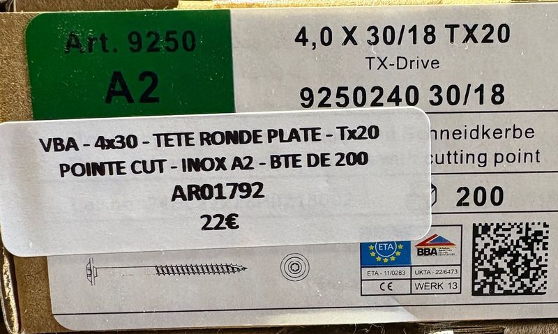 VIS A BOIS - 4x30 - Tx20 - TÊTE RONDE PLATE - POINTE CUT - INOX A2 - BOITE DE 200 VIS A BOIS - 4x30 - Tx20 - TÊTE RONDE PLATE - POINTE CUT - INOX A2 - BOITE DE 200