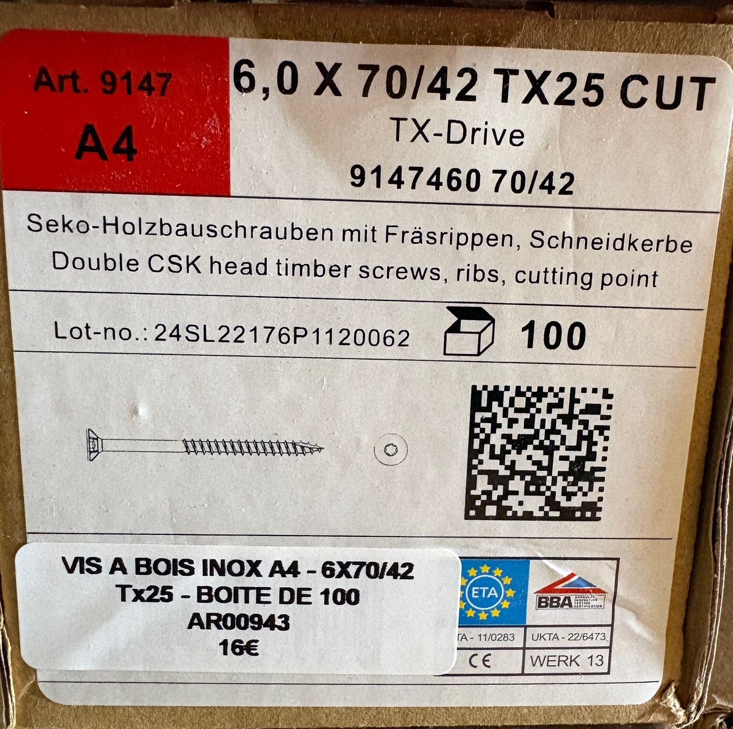 VIS A BOIS -  6X70X42 - Tx25 -  TÊTE FRAISÉE -  POINTE CUT - INOX A4 - BOITE DE 100