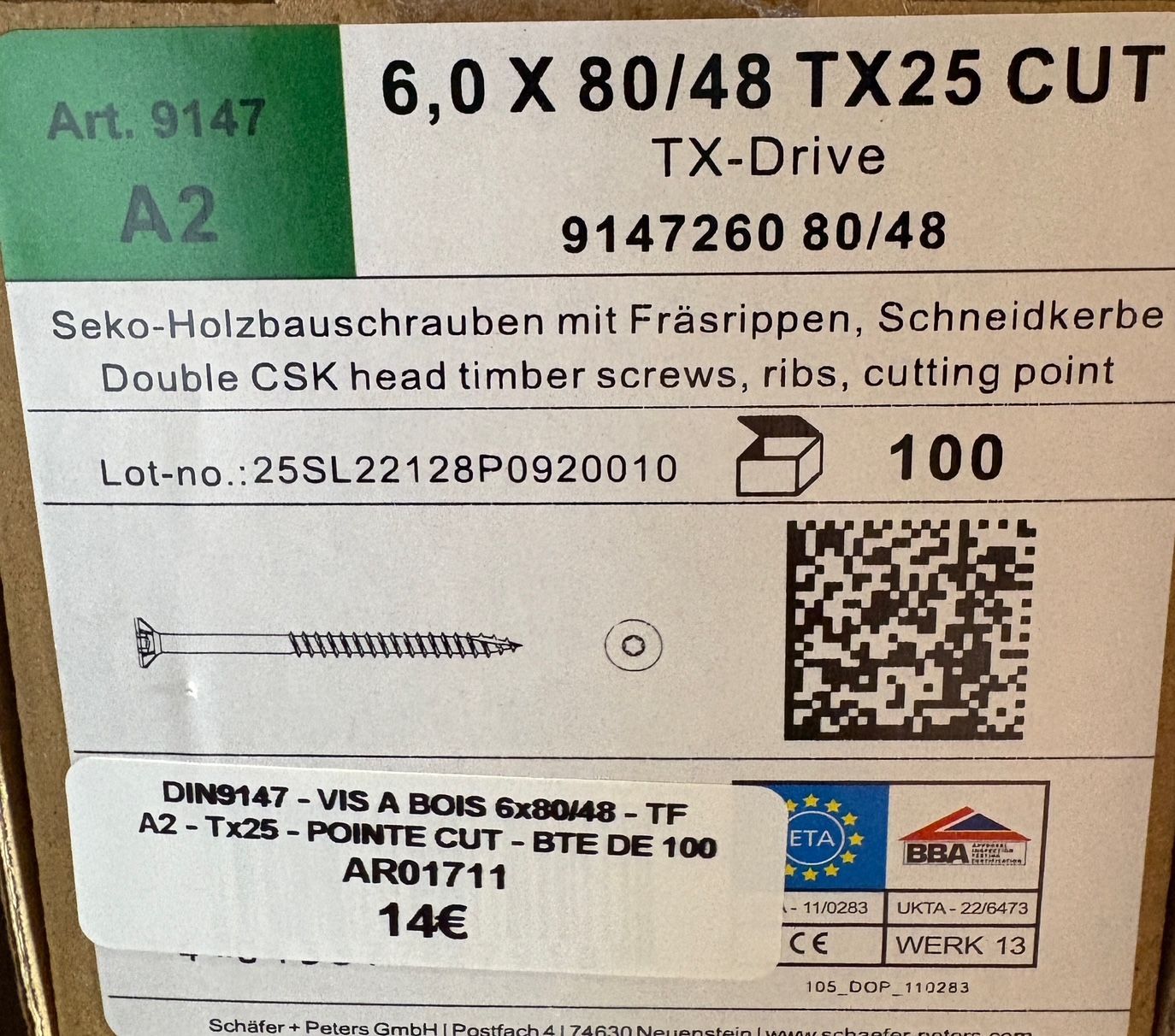 VIS A BOIS -  6X80X48 - Tx25 -  TÊTE FRAISÉE -  POINTE CUT - INOX A2 - BOITE DE 100