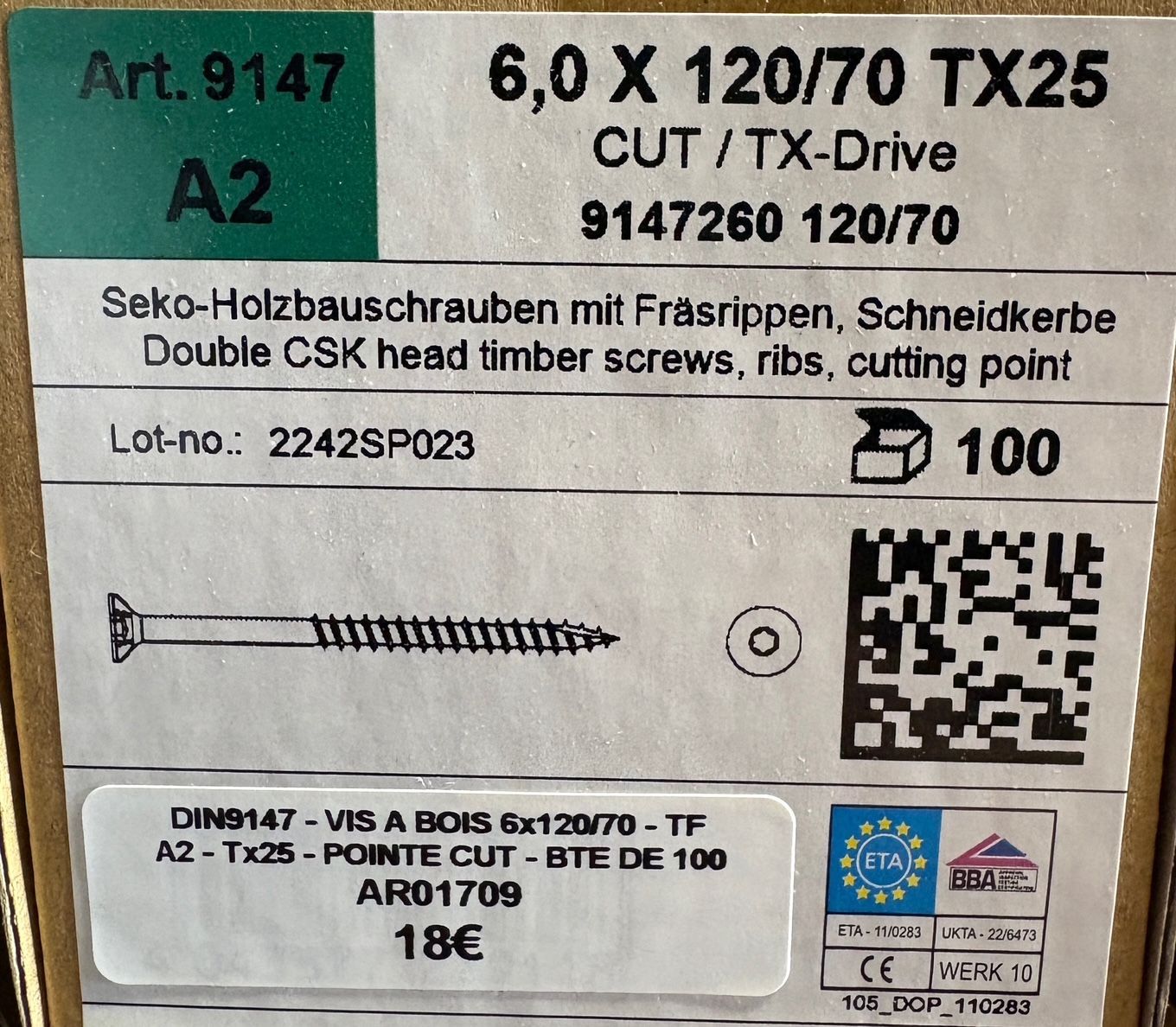 VIS A BOIS -  6X120X70 - Tx25 -  TÊTE FRAISÉE -  POINTE CUT - INOX A2 - BOITE DE 100
