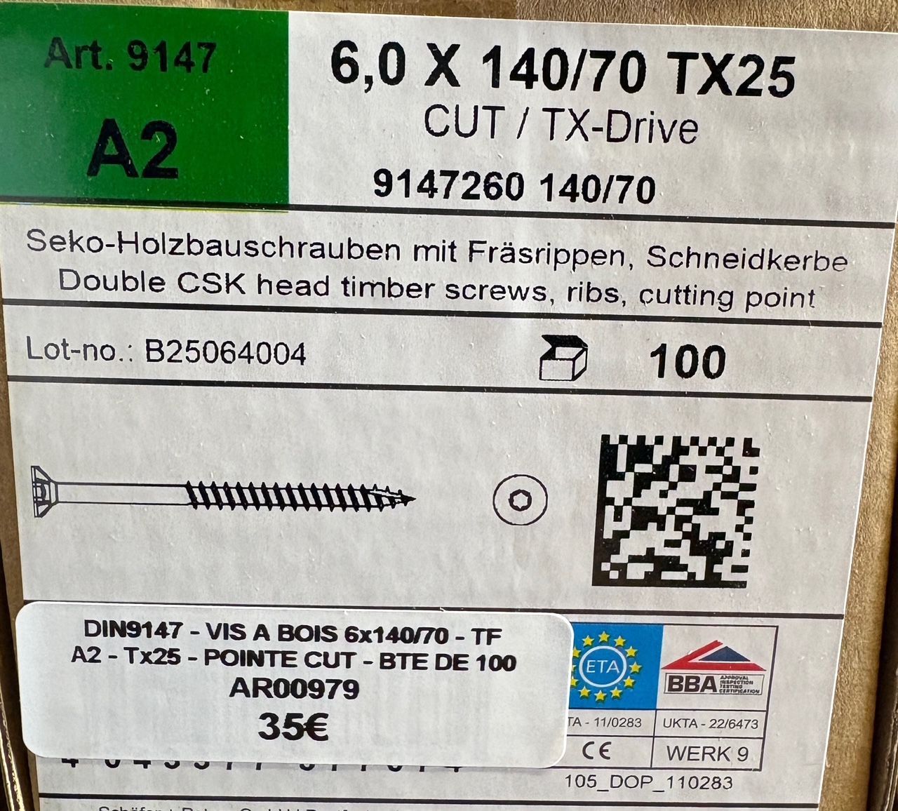 VIS A BOIS -  6X140X70 - Tx25 -  TÊTE FRAISÉE -  POINTE CUT - INOX A2 - BOITE DE 100