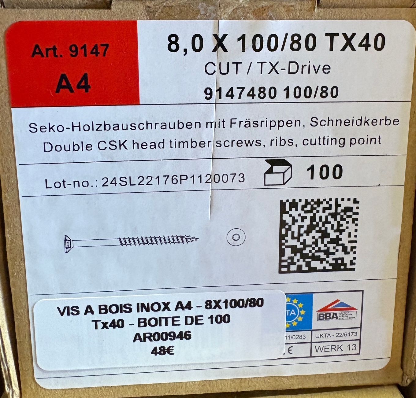 VIS A BOIS -  8X100 - Tx40 -  TÊTE FRAISÉE -  POINTE CUT - INOX A4 - BOITE DE 100