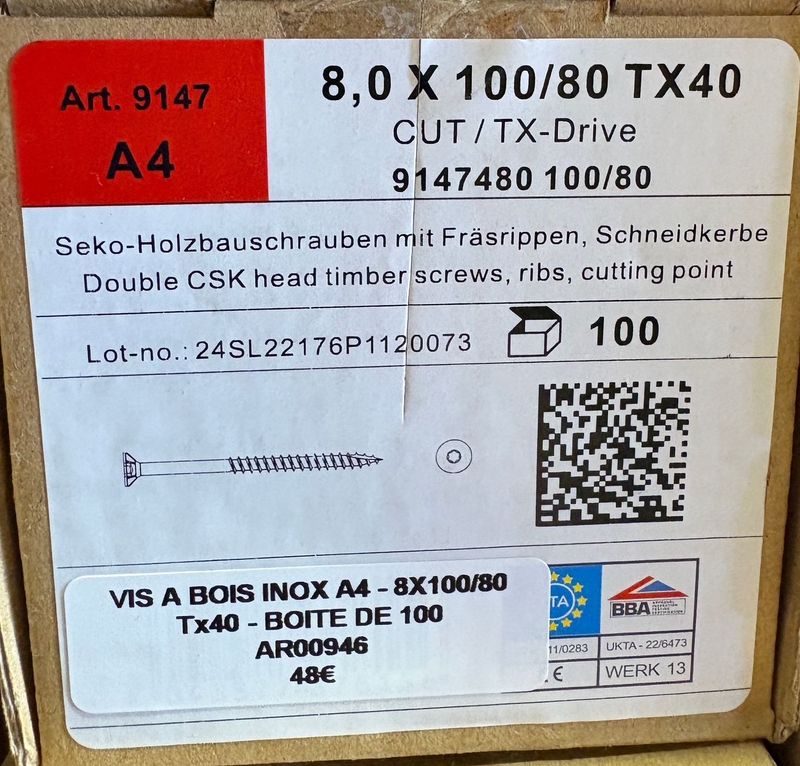 VIS A BOIS - 8X100 - Tx40 - TÊTE FRAISÉE - POINTE CUT - INOX A4 - BOITE DE 100 VIS A BOIS - 8X100 - Tx40 - TÊTE FRAISÉE - POINTE CUT - INOX A4 - BOITE DE 100