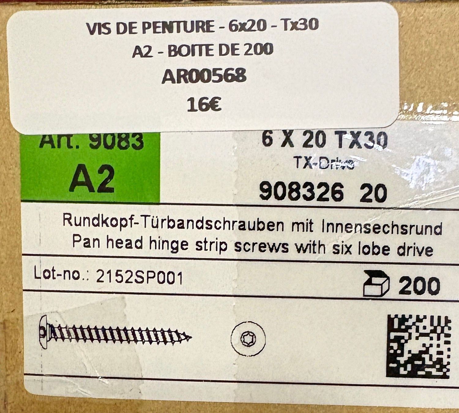 VIS DE PENTURE - 6x20 - Tx30 - INOX A2 - BOITE DE 200