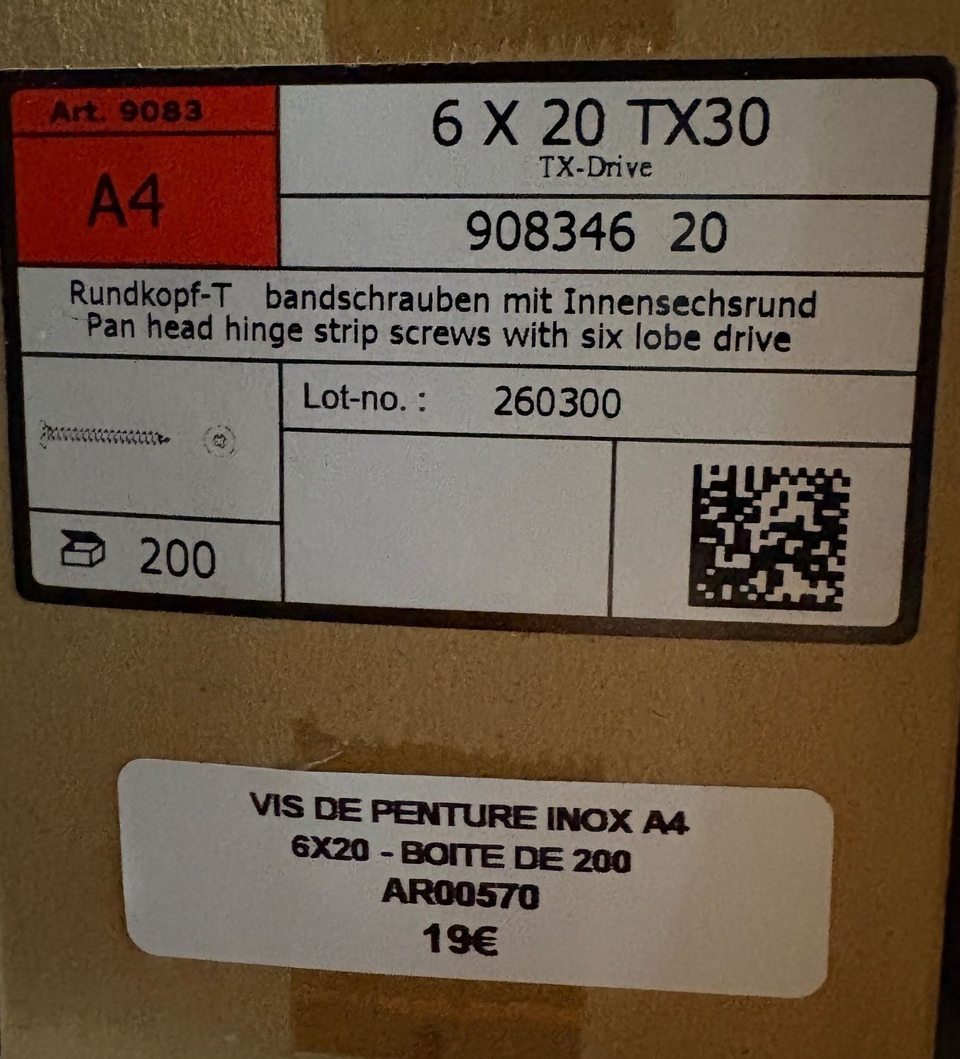 VIS DE PENTURE - 6x20 - Tx30 - INOX A4 - BOITE DE 200
