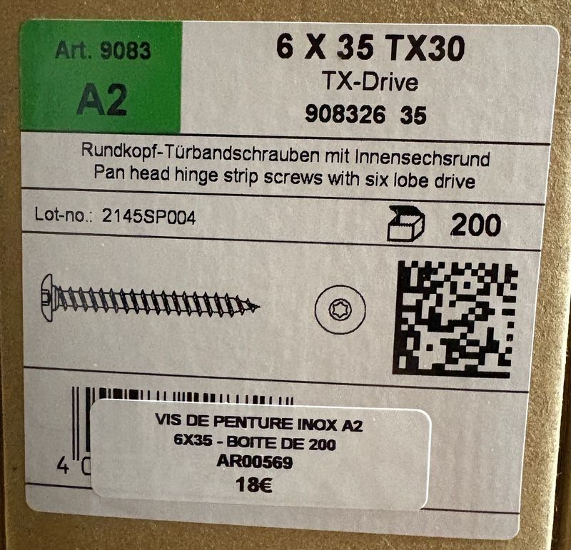 VIS DE PENTURE - 6x35 - Tx30 - INOX A2 - BOITE DE 200 VIS DE PENTURE - 6x35 - Tx30 - INOX A2 - BOITE DE 200