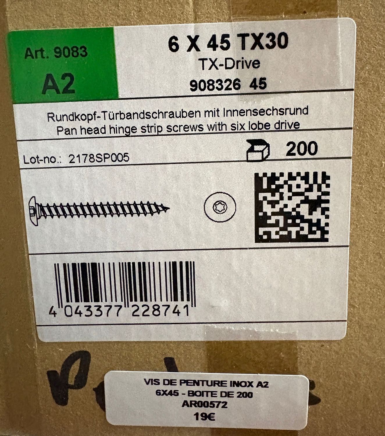 VIS DE PENTURE - 6x45 - Tx30 - INOX A2 - BOITE DE 200