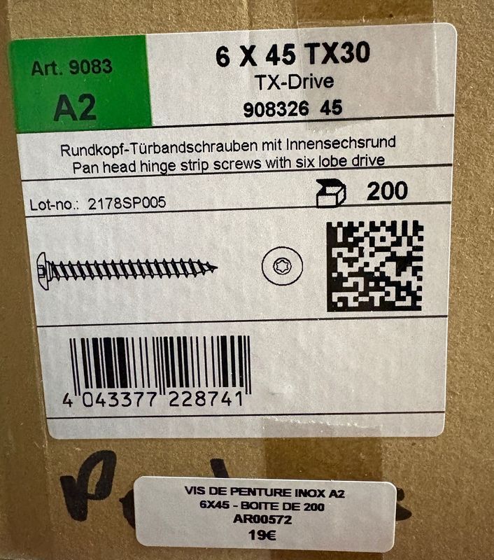 VIS DE PENTURE - 6x45 - Tx30 - INOX A2 - BOITE DE 200 VIS DE PENTURE - 6x45 - Tx30 - INOX A2 - BOITE DE 200