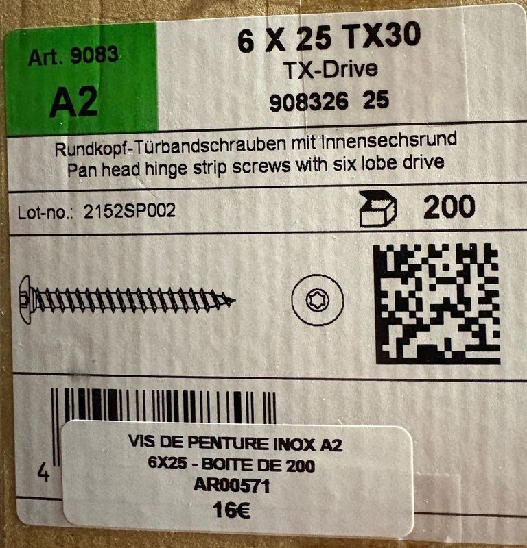 VIS DE PENTURE - 6x25 - Tx30 - INOX A2 - BOITE DE 200 VIS DE PENTURE - 6x25 - Tx30 - INOX A2 - BOITE DE 200
