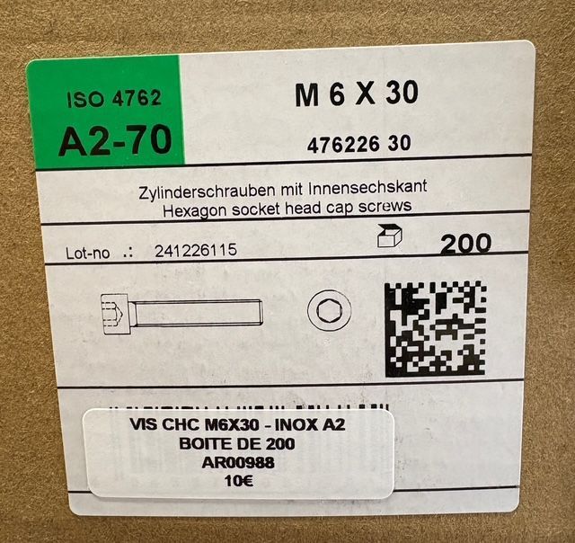 ISO 4762 - VIS M6X30 - TCHC - INOX A2 - BOITE DE 200