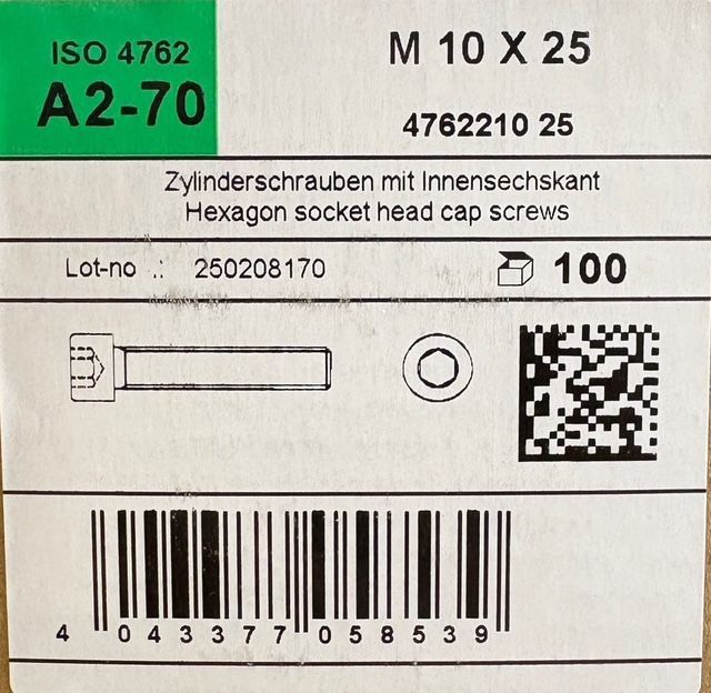 ISO 4762 - VIS M10X25 - TCHC - INOX A2 - BOITE DE 100