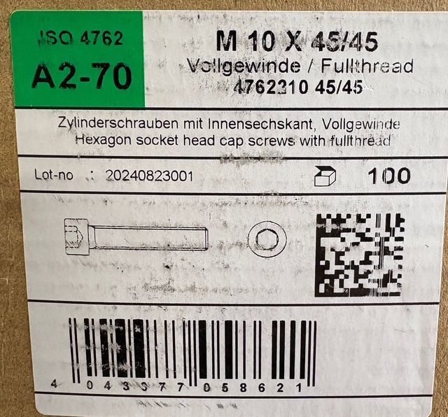 ISO 4762 - VIS M10X45/45 - TCHC - INOX A2 - BOITE DE 100