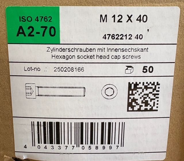 ISO 4762 - VIS M12X40 - TCHC - INOX A2 - BOITE DE 50