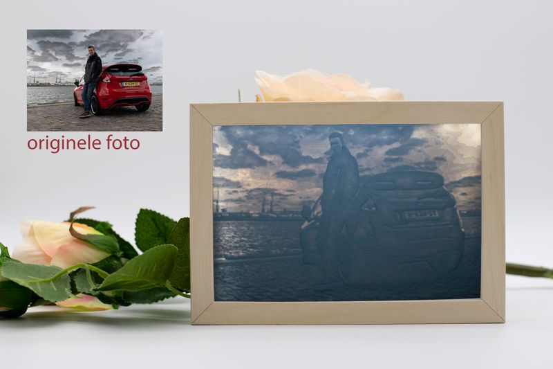 3D foto in lijst met LED verlichting hout