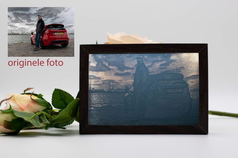 3D foto in lijst met LED verlichting hout