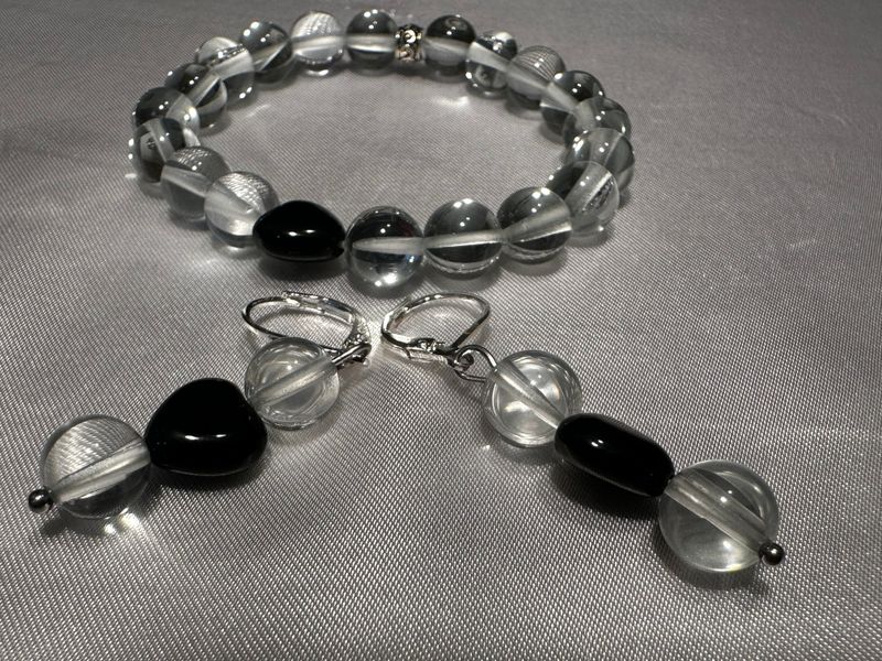 Clear Crystal and Black Obsidian Heart Bracelet and Matching Earings