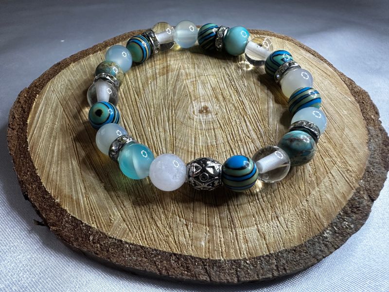 Blue &amp; Gold Reconstructed Malachite Bracelet with Clear Crystal and Aquamarine