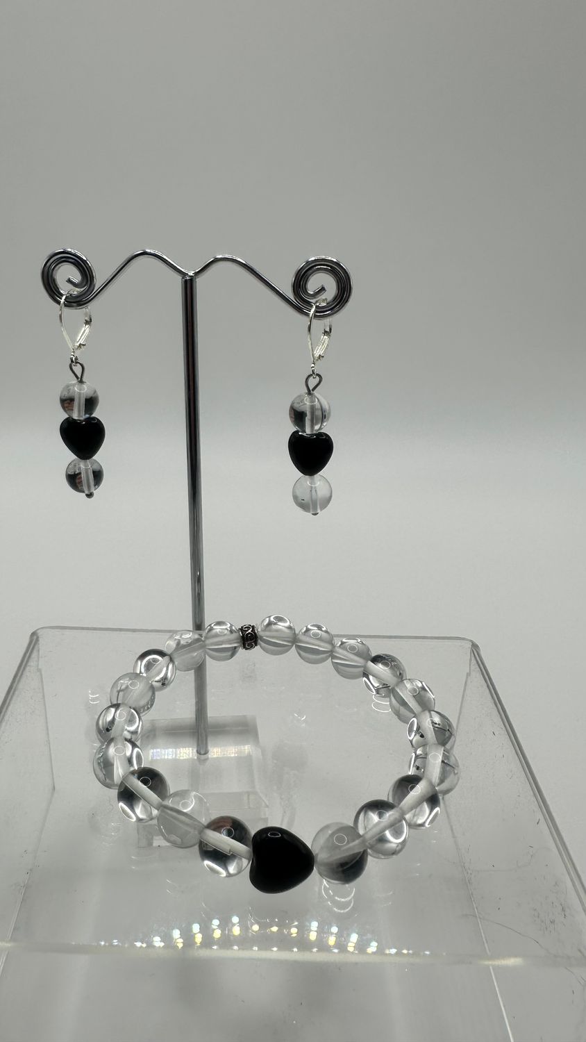 Clear Crystal and Black Obsidian Heart Bracelet and Matching Earings
