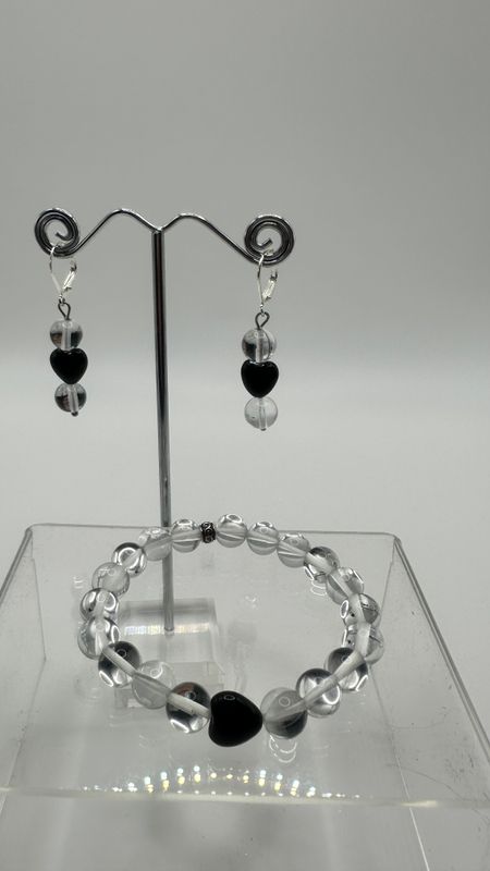 Clear Crystal and Black Obsidian Heart Bracelet and Matching Earings