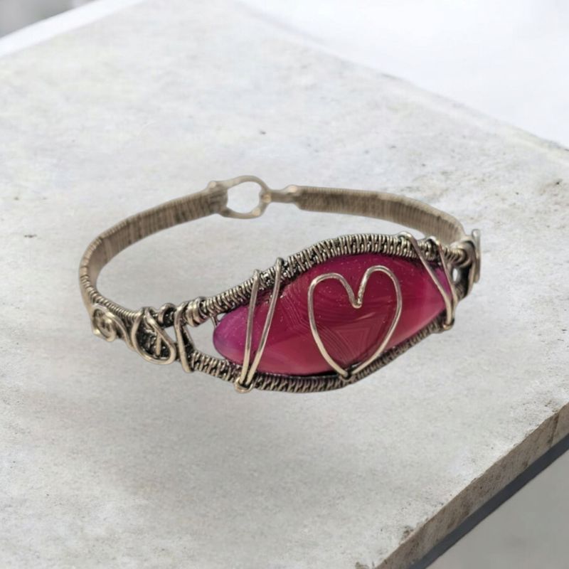 Silver Pink Agate Bangle