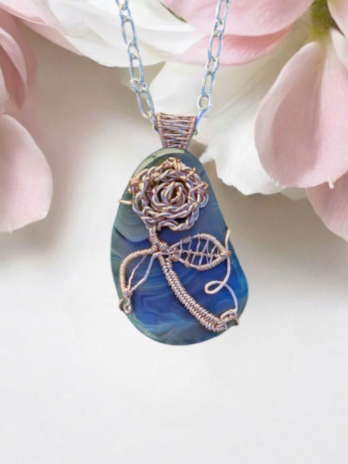 Stripped Agate, Rose Gold Rose Pendant