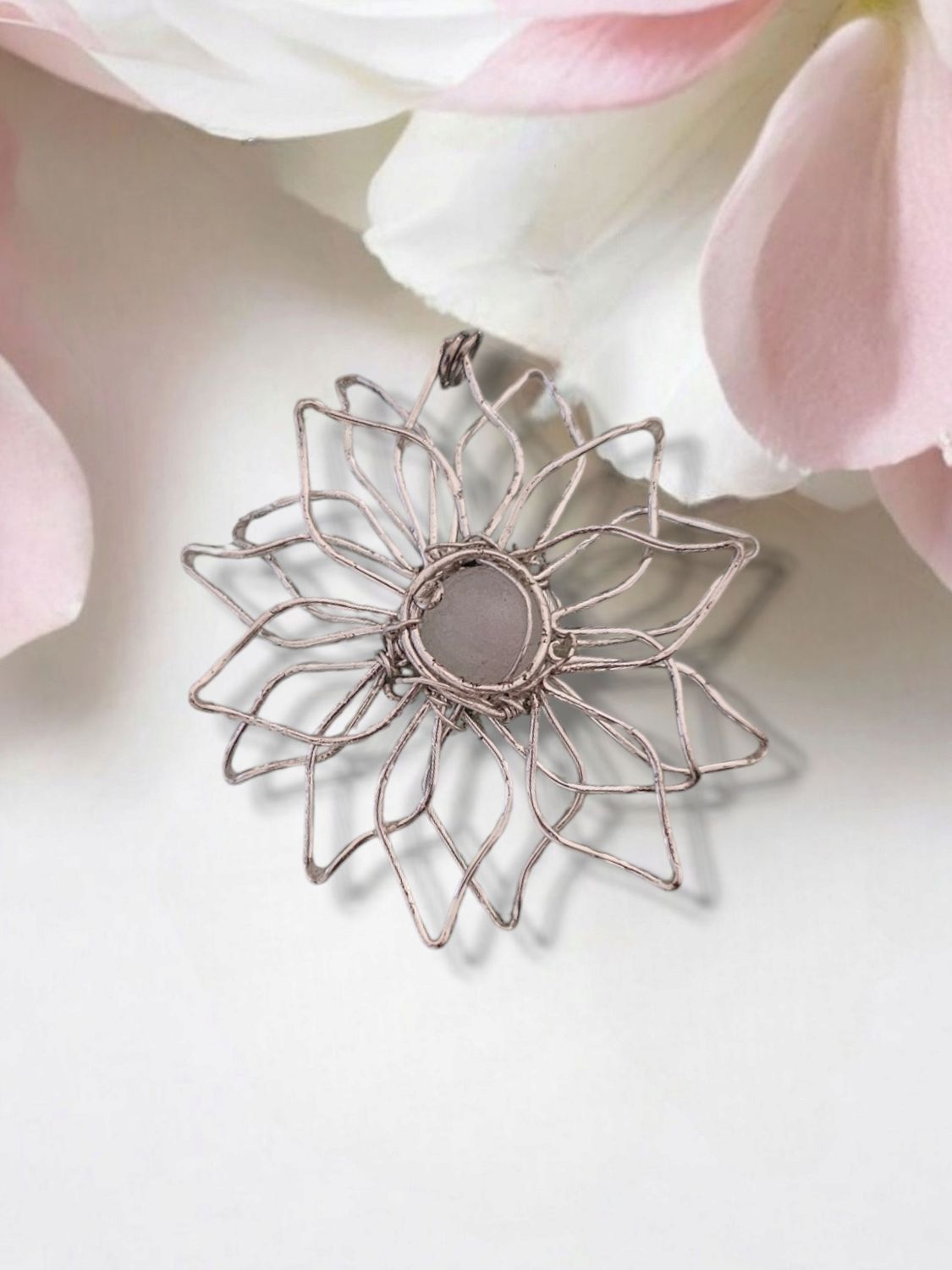 Rose Quartz Large Silver Flower Pendant